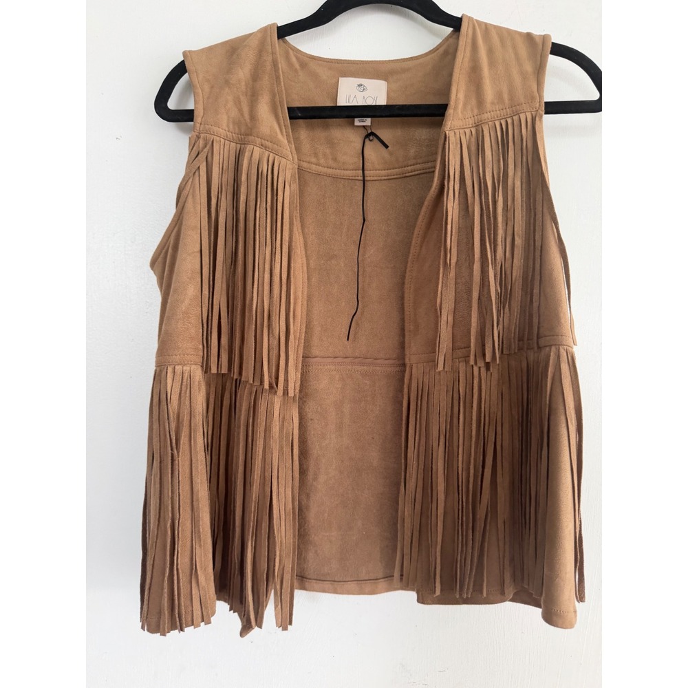 Lila Rose Womens Faux Suede Fringe Vest Camel Tan Boho Western Open Front Small